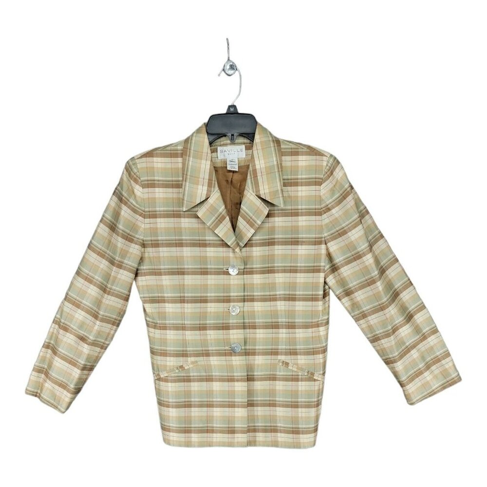 Vintage Saville 100% Silk Suit Jacket Blazer 10 Gold Plaid 60s